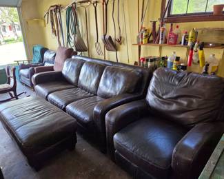 #83 Brown Leather Couch 80", Recliner, and Ottoman 46x23x18 (3 Pieces) (as is finish) $75.00