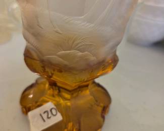 #120 Antique 19th Century Biedermeier Amber Deep Etched Goblet $200.00
