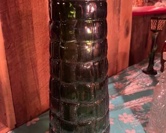 Mid Century Large Green Glass Textured Squares Glass Vase