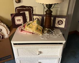 White wicker style night stand with matching desk with mirror