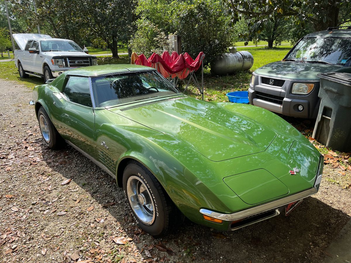 1972 Corvette Stingray. Green with tan interior. 350 cu in with T tops. Automatic with air. Beautiful!