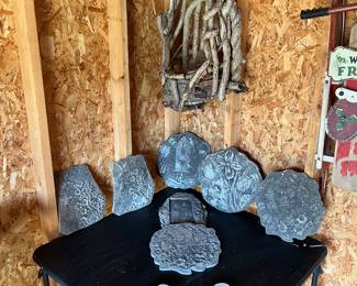 Adirondack planter, Garden stones and vintage wooden ducks.