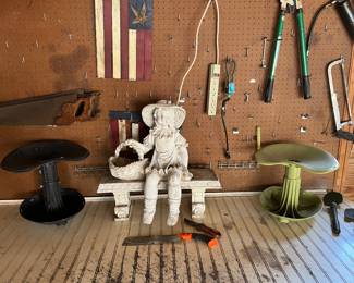 Two swivel garden seats, garden bench with little girl, hand saw, folk, art, and more