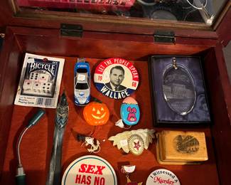 LED pocket light, vintage wooden, duck letter opener, Vintage political button, very vintage Halloween toys, and much more.