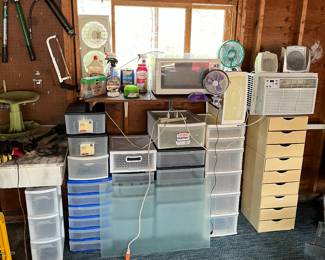 Storage units, microwave, portable fans, air conditioner and space heaters.