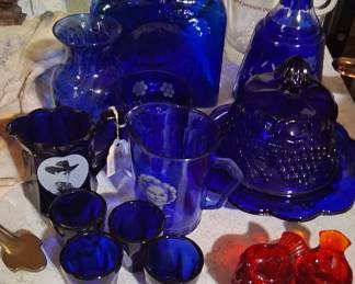 Blue Glass, Tom Mix Set & Shirley Temple Glass