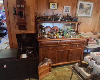Oak Sideboard, Victrola, Antique Telephone