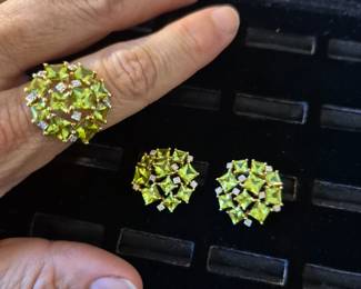 14k Peridot diamond ring and earrings