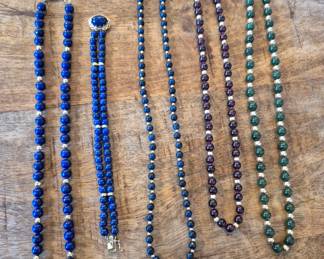 14k gold and lapis, jade, onyx bead necklaces