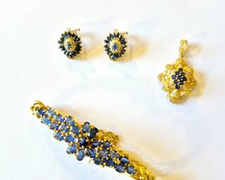 18k natural sapphire bracelet, diamond sapphire earrings, diamond sapphire pendant