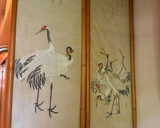 Pair of Japanese silk scroll paintings from the Showa Era (1930s) framed as panels. Features cranes, symbolizing longevity and good fortune.