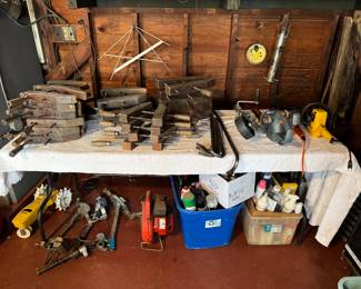 Vintage Clamps and tools; Collection of various cleaning products.