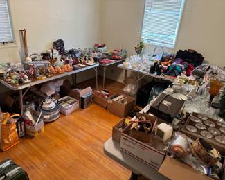 Collections of glassware, punch bowl sets, storage, trinkets, and figurines. Lots to see!