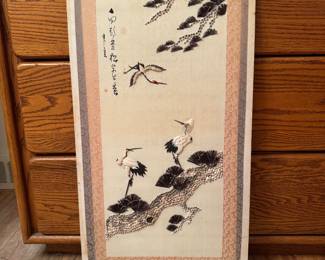 Chinese Scroll Painting depicting cranes and leaves, common motifs in Chinese art symbolizing longevity and marital harmony.