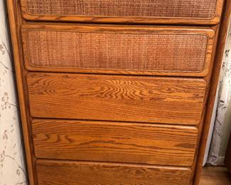 Beautiful Lane Oak and Cane Tallboy Dresser- 5 drawer in excellent condition. Also available are the Lane Oak and Cane 9-Drawer Dresser and Lane Oak and Cane 2-drawer Nightstand. A gorgeous bedroom set!