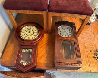 Antique schoolhouse regulator wall clocks. Large, easy to read dials in nice condition with beautiful designs.