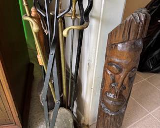 Vintage Iron Fireplace Tool Set. Also pictured Vintage African Solid Wood Tiki Totem Statue.