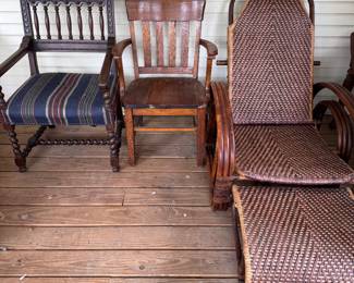 Antique wood carved chair with upholstered padded seat; Wooden oak armchair; Vintage bamboo and rattan loungechair that converts to sitting chair