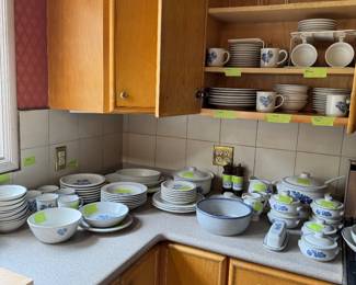 Large collection of Pfaltzgraff stoneware dishes including plates, cups, saucers, bowls, serveware, and containers. Blue flower pattern first introduced in 1967.