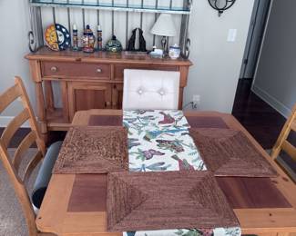 Table measures without leaf 44" square. The bakers rack measures 5' lkk ok g, 1 deep and is approximately 6 3/4' foot tall.