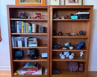2 Cherry Wood Book Cases, Books, Board Games, Studio Pottery, Opera Glasses, Some Jewelry, Empty Tiffany Boxes, 2 Leather Purses.