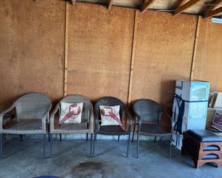 Faux Wicker Patio Chairs, 2 Outdoor Pillows, 3 Foot Rest Stools, Lighted Christmas Tree in Box.