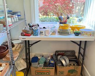 Kitchen Utensils, Coffee Mugs, Melamine Dishes, Baking Tins, Plastic Storage Containers.