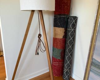 Tripod Style Floor Lamp, 2 Area Rugs.