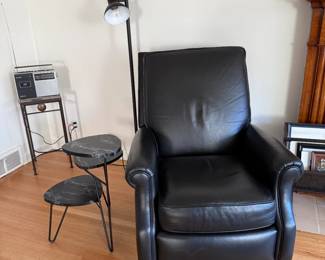 Ethan Allen Leather Recliner, Pole Lamp, Plant Stand, Three Tier Table, Sony Radio.