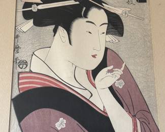 Artist Kitagawa Utamaro (1753-1806). Geisha Color Woodcut (reprint), Shōwa period, from the 'Hokkoku goshiki-zumi' series.