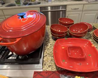 (SOLD) Le Creuset 15 1/2 quart (serves 9) & Vietri red dishes