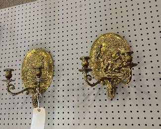 Pr of Antique Bronze Cherub Sconces $185 
