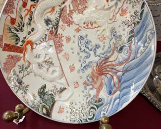 19thC Imari Massive 19" Charger w Dragon & Phoinex Bird in High Relief. $475