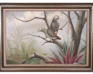 Lot 280: Guy Parson African Grey Parrots in Tree Painting