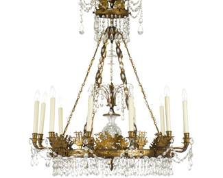 Lot 229a: 19th C Neoclassical French Bronze & Crystal Chandelier