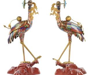 Lot 31: Pair Chinese Cloisonne Figural Crane Censers