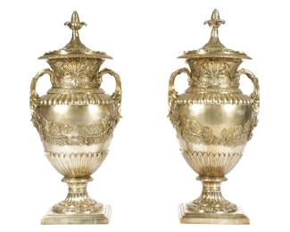 Lot 6: Pair Monumental French Silvered Bronze Urns