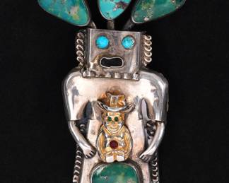 Lot 202: Navajo Sterling Turquoise Kachina Bolo Tie Pendant