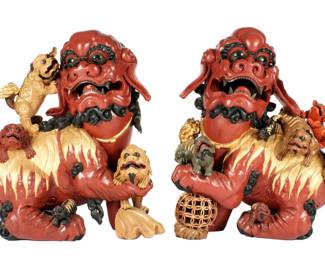 Lot 249: Pair Large Carved Polychrome Painted Foo Dogs