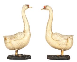 Lot 230: Pair Polychrome Painted Carved Wood Geese