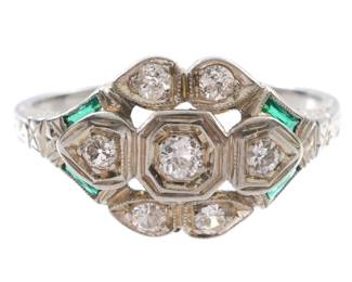 Lot 135: 18k White Gold Diamond & Emerald Art Deco Ring