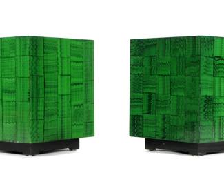 Lot 109a: Pair Wormley Style Faux Malachite Cube Side Tables