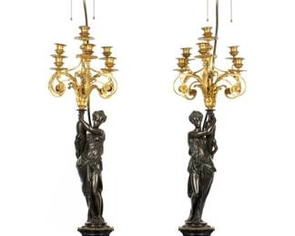 Lot 5: Pair French Parcel Gilt Bronze Figural Candelabra