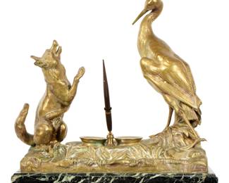Lot 229: Large French Fox and the Stork Bronze Inkwell