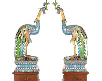 Lot 30: Pair Palatial Cloisonne Phoenix Censers on Stands