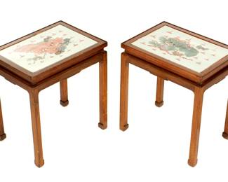 Lot 132: Pair Chinese Foo Dog Porcelain Inset Top Side Tables
