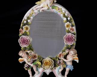 Lot 270: Sitzendorf Porcelain Figural Cherub Table Mirror