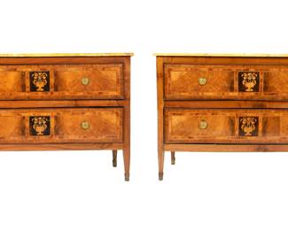 Lot 10: Pair 18th C Italian Marble Top Inlaid Commodes