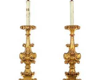 Lot 197: Pair Carved Italian Prickets Converted to Lamps