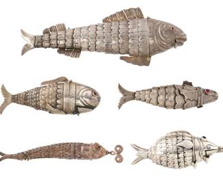 Lot 316: Five Articulated Fish Silver Spice Boxes